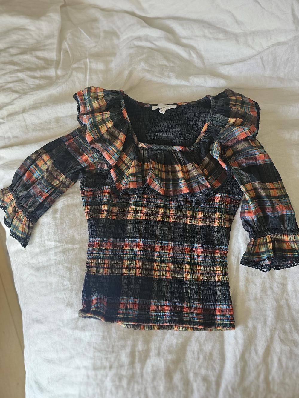 Ivy City Co Fall Autumn Plaid Smocked Ruffle-Neck Top Xs